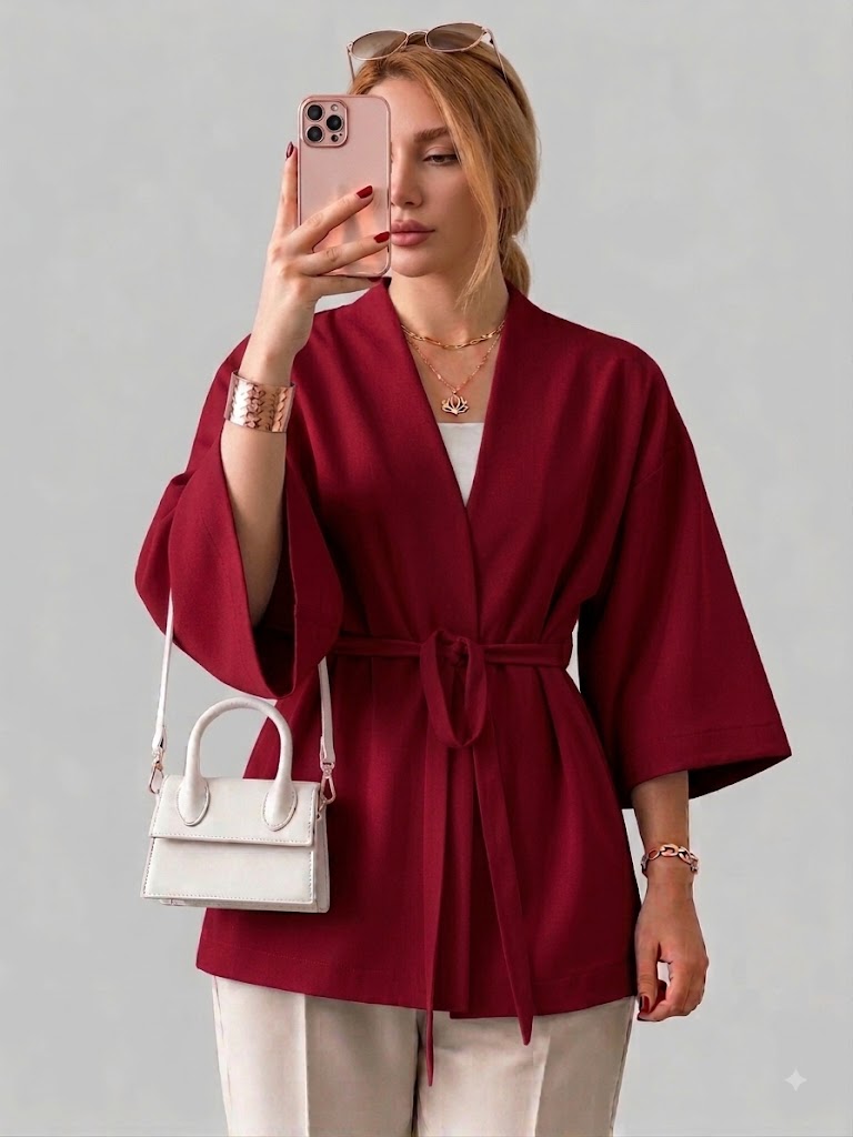 شومیز باکسی کرپ با بند کمری مدل Blouse
